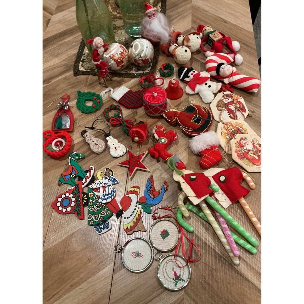 Vintage Bundle Lot 50s 60s Christmas Ornaments Santa Felt Wood Crochet Velvet